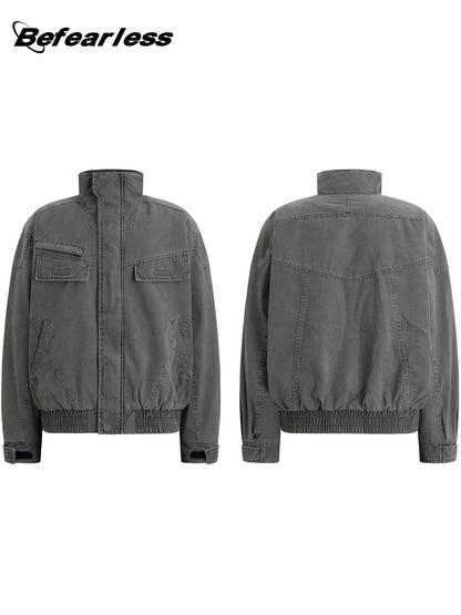 Heavyweight Washed Zip-Up Stand Neck Workwear Jacket WN26332