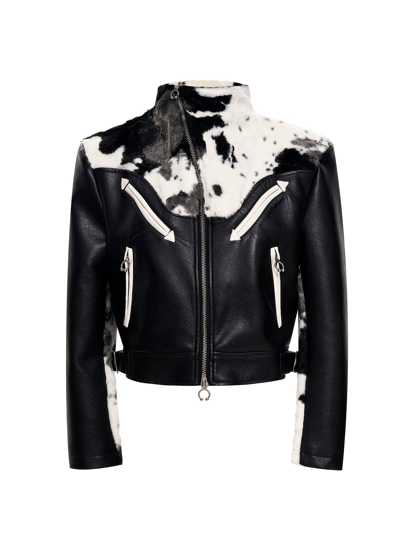 Cow Print Fake Fur Mix PU Leather Jacket WN21790