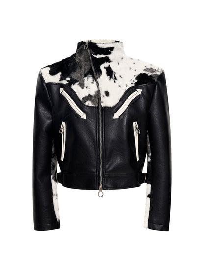 Cow Print Fake Fur Mix PU Leather Jacket WN21790