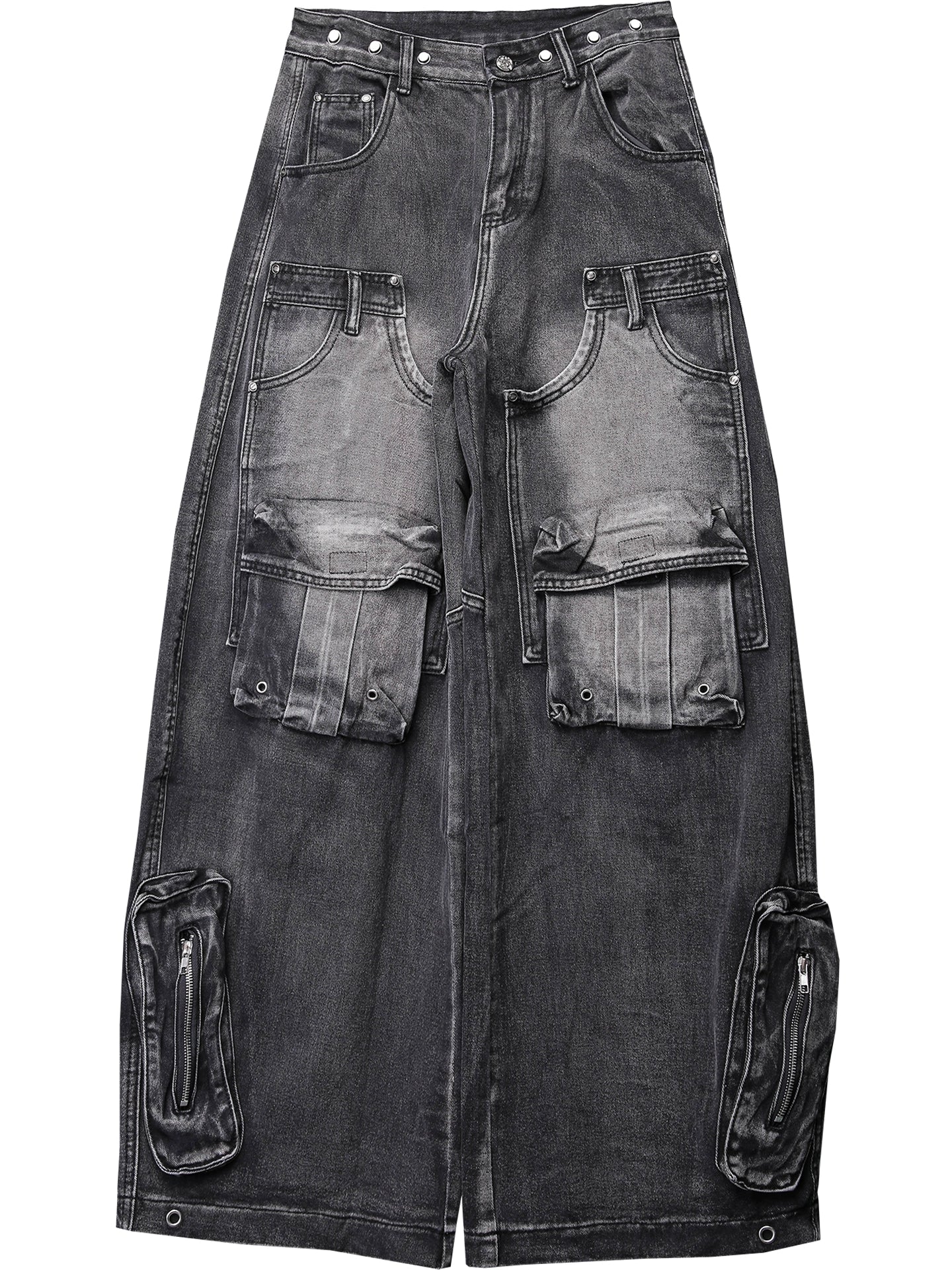 Washed Multi-Pocket Deconstruct Wide Leg Denim Jeans WN22431