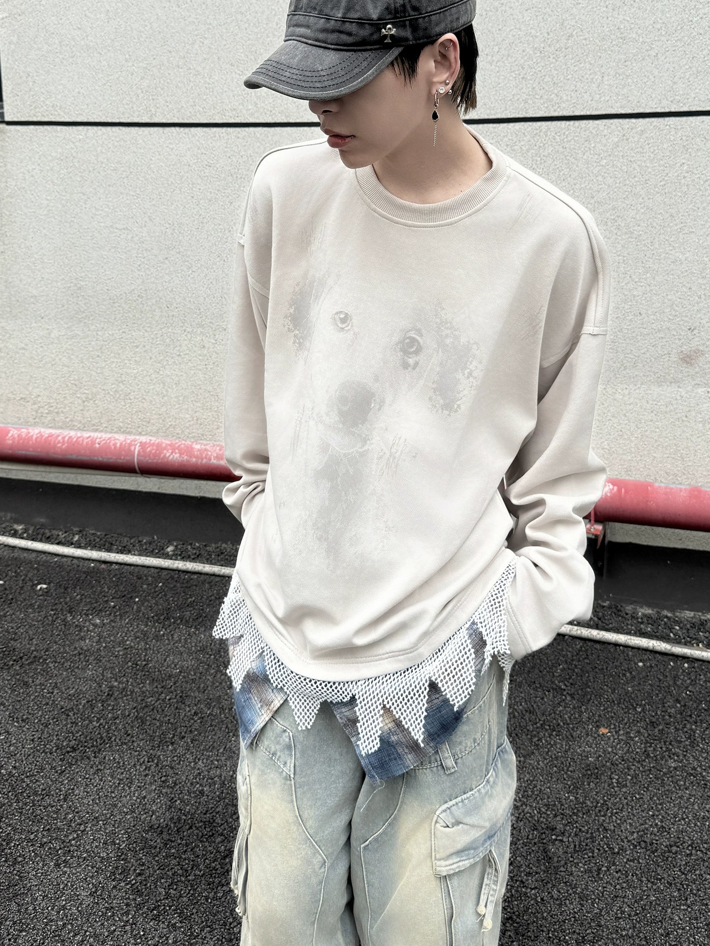 Fake Layered Mesh Mix Design Print Long Sleeve T-Shirt WN21150