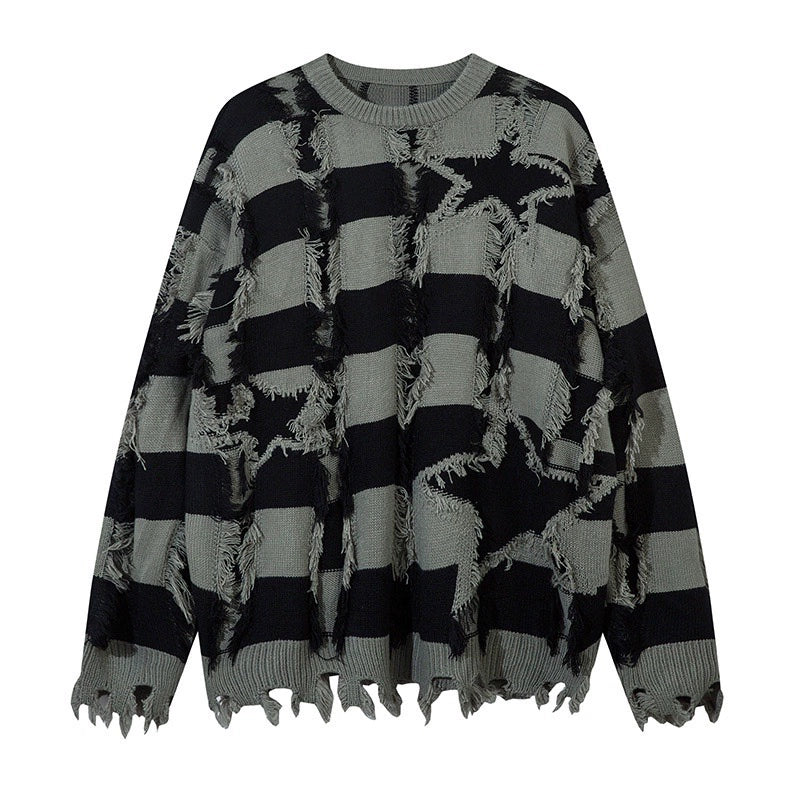 Stripe Oversize Damage Knit Sweater WN8377