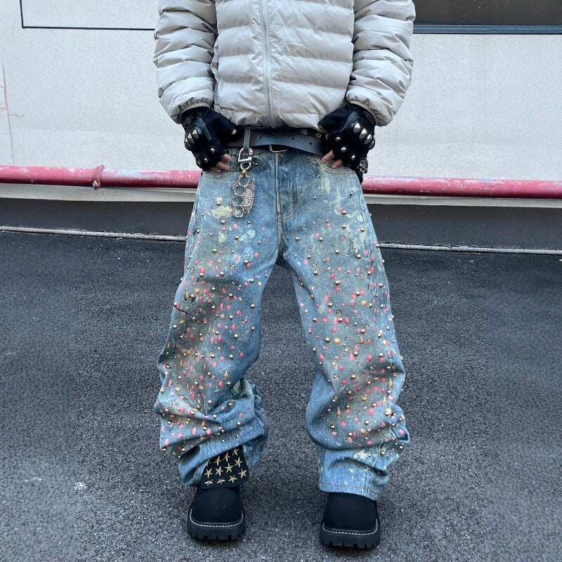Beads Paint Splatter Wide Leg Denim Jeans WN24043