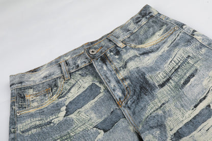 3D Print Damage Washed Wide Leg Denim Jeans WN27953