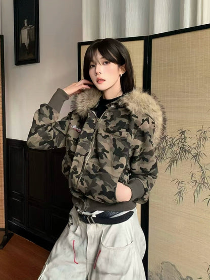 Camouflage Detachable Fake Fur-Collar Hooded Short Jacket WN22171