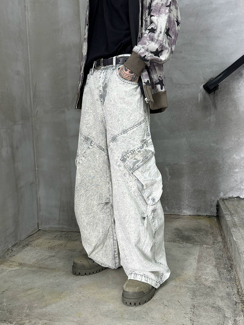 Washed Cargo Wide Leg Denim Jeans WN21168
