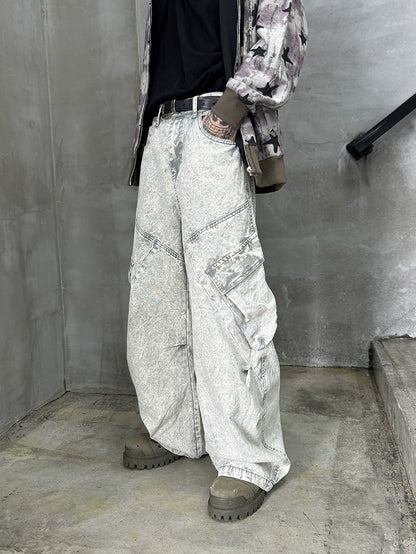 Washed Cargo Wide Leg Denim Jeans WN21168