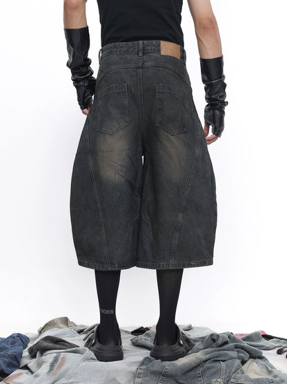 Deconstructed Curved Blade Design Wide Leg Half Denim Jeans WN18657