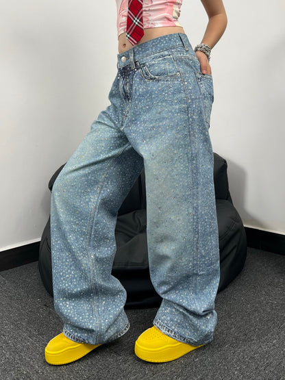 Speckled Paint Washed Wide Leg Denim Jeans WN24047