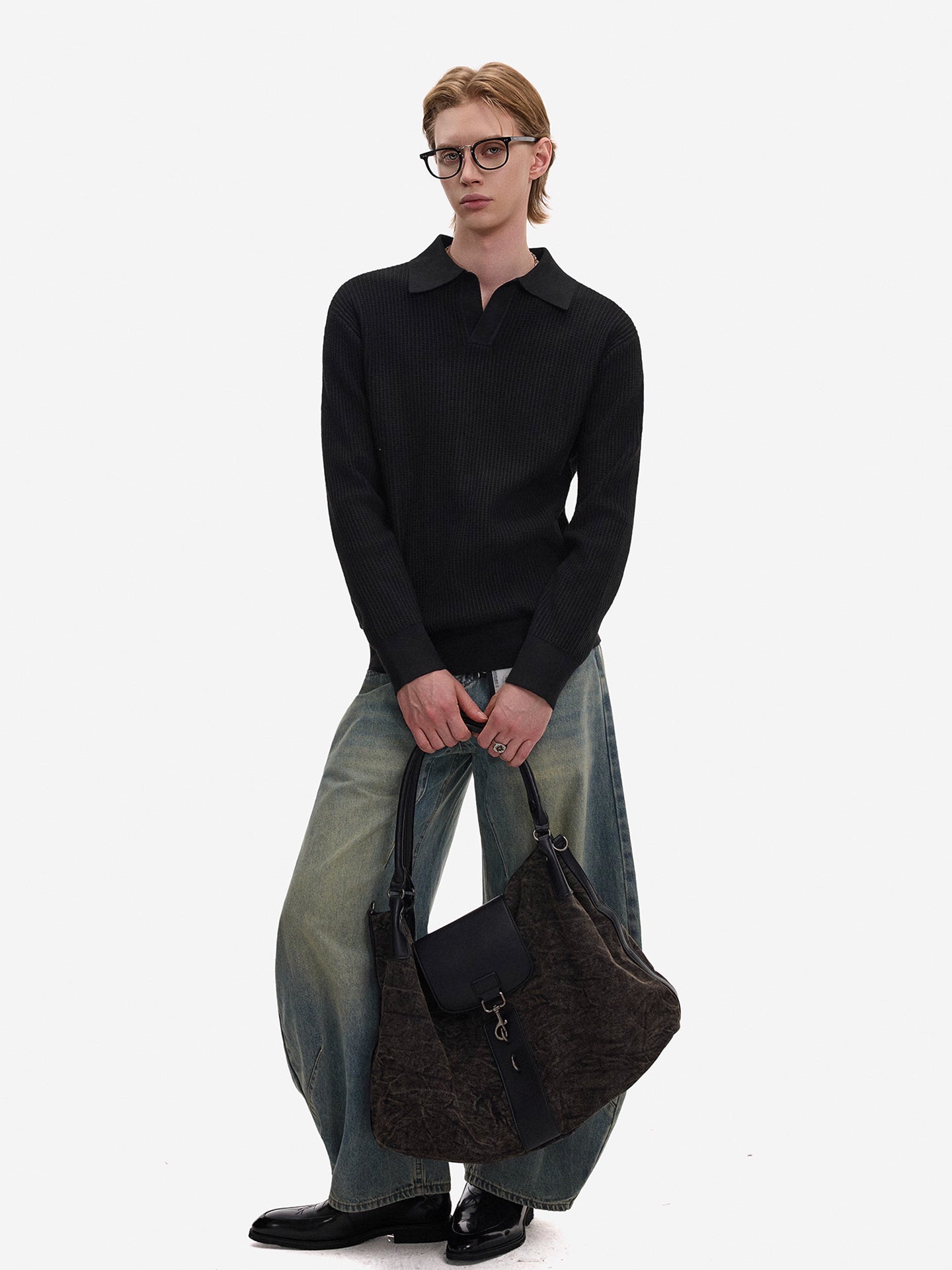 Waffle Texture Polo-Collar Knit Sweater WN21429