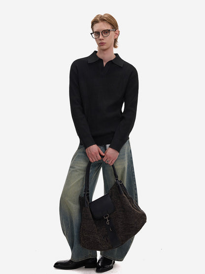 Waffle Texture Polo-Collar Knit Sweater WN21429