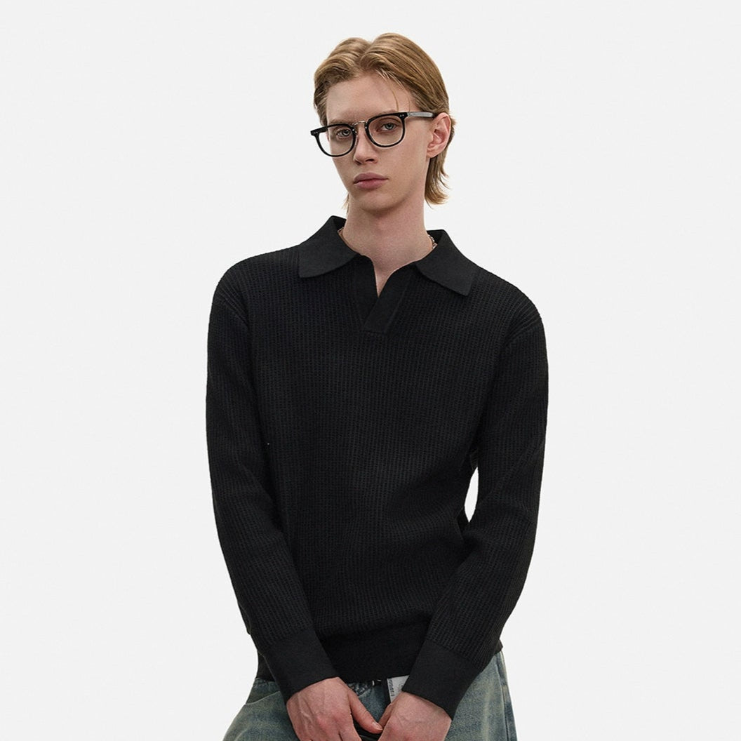 Waffle Texture Polo-Collar Knit Sweater WN21429