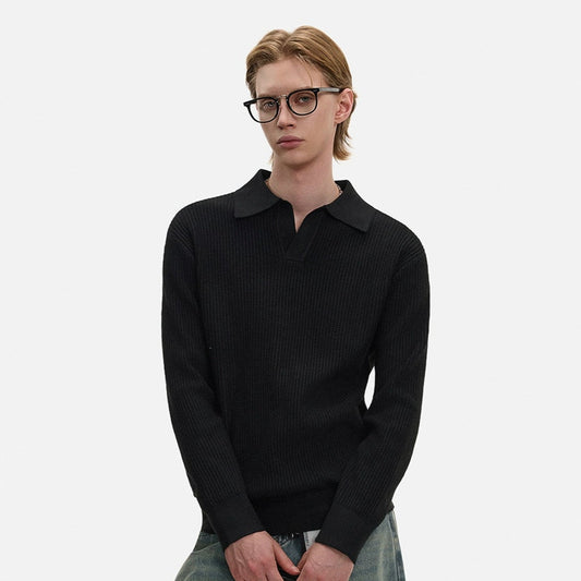 Waffle Texture Polo-Collar Knit Sweater WN21429