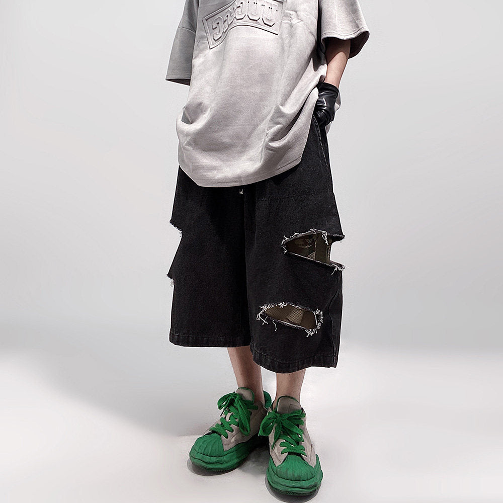 Damage Wide Leg Denim Half Jeans WN24013