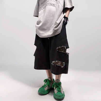 Damage Wide Leg Denim Half Jeans WN24013