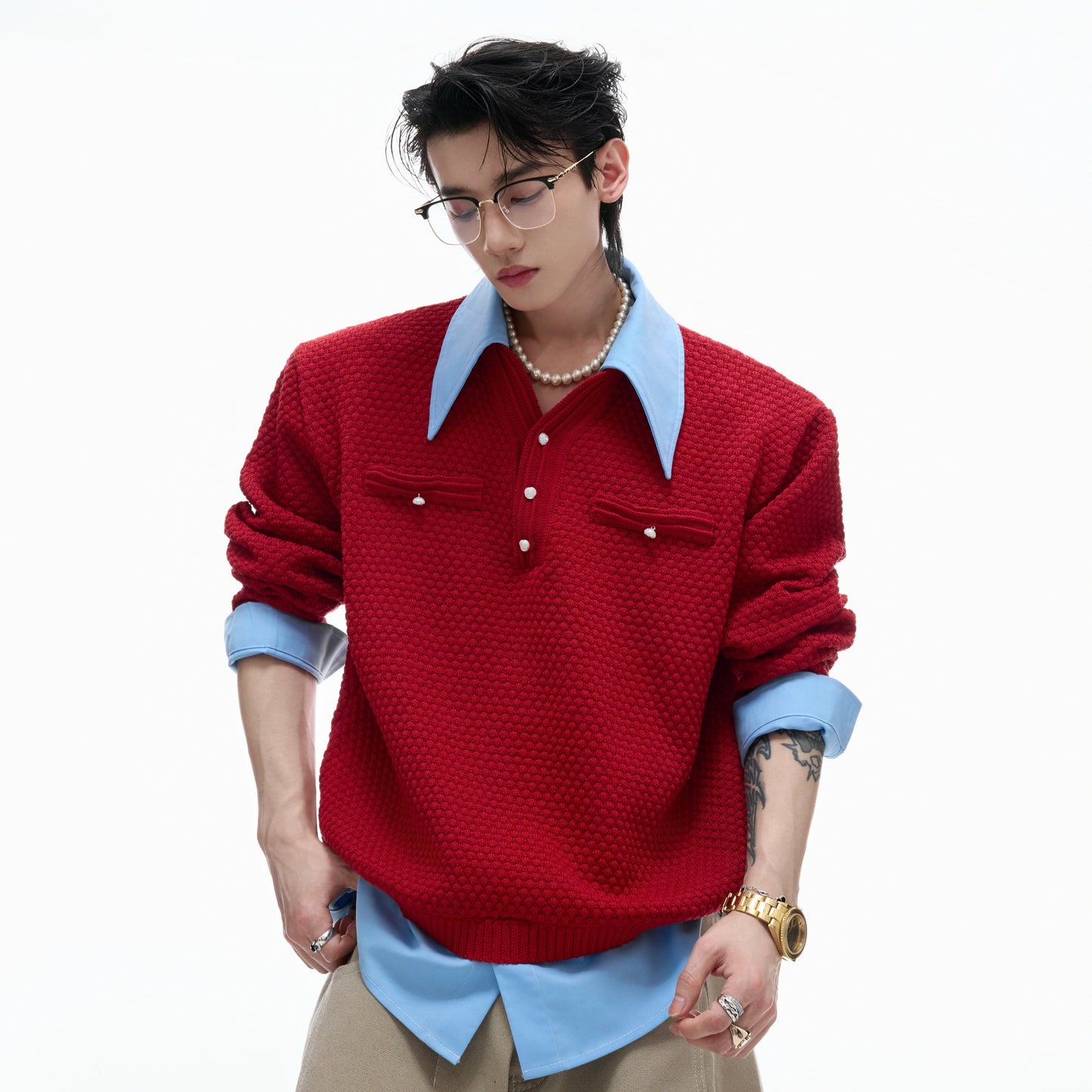 Fake Layered Contrast-Collar Splicing Knit Sweater WN21224