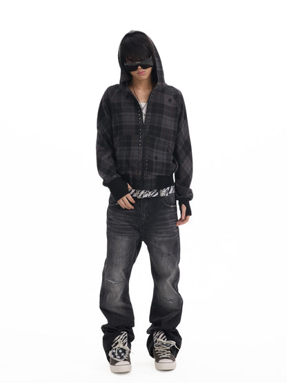Hooded Plaid Studs Detail Jacket WN27182