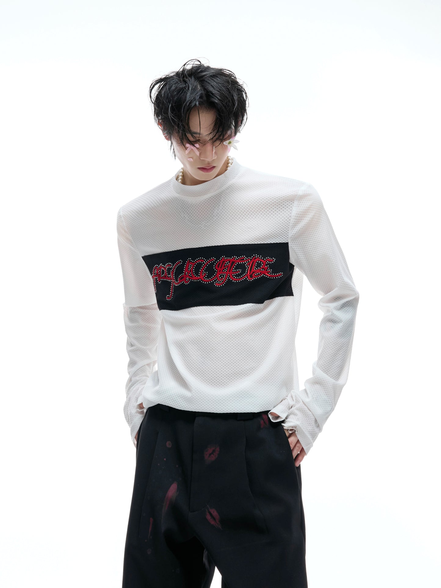 Mesh Stretch Embroidery Colorblock Long Sleeve T-Shirt WN20535