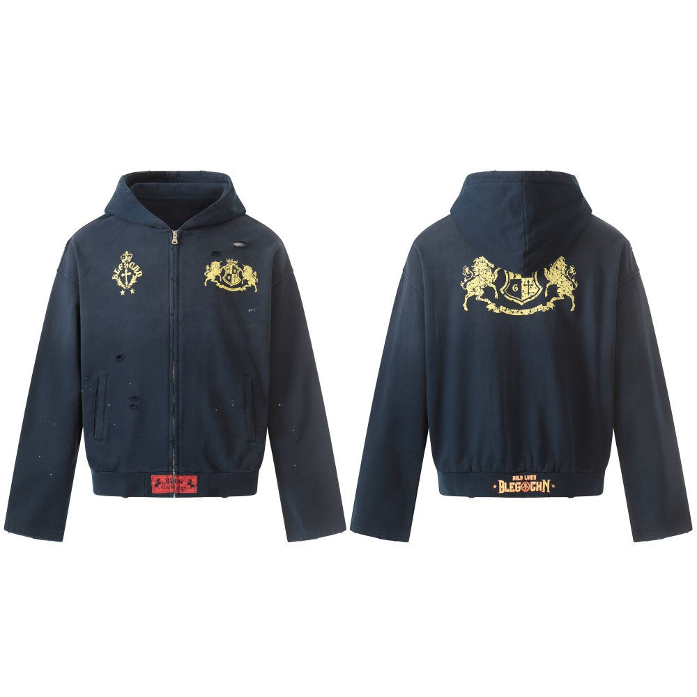 Damage Foil Print Short Zipper Hoodie WN27955