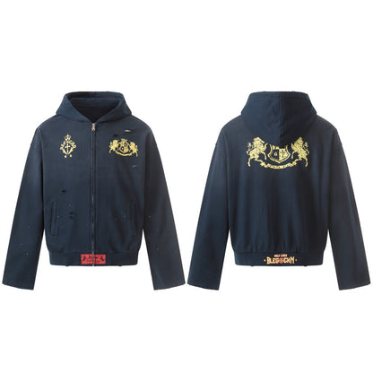 Damage Foil Print Short Zipper Hoodie WN27955