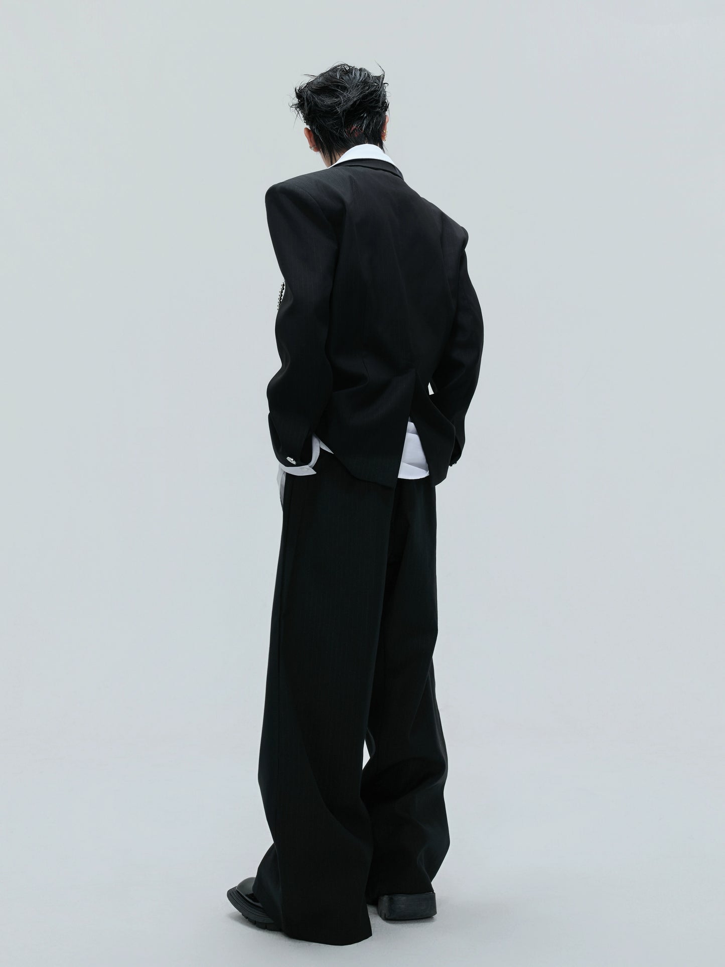 Pearl Chain Waist-Fitted Shoulder-Pad Double Layer Tailored Jacket & Trousers Setup WN21730