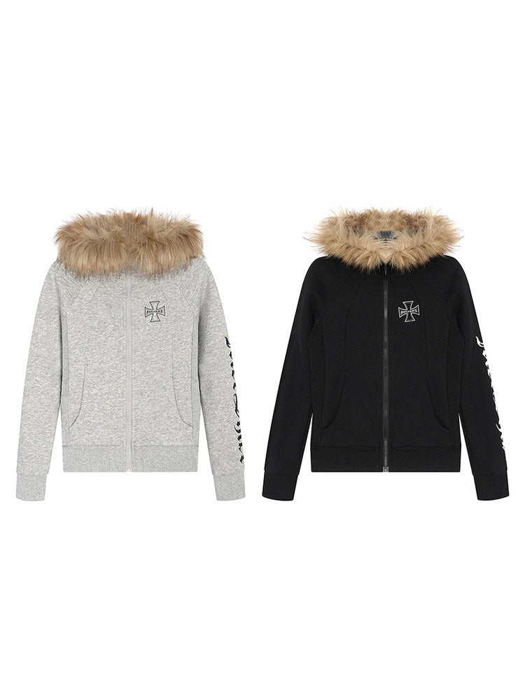 Fake Fur Collar Cross Print Hoodie WN24177