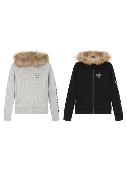 Fake Fur Collar Cross Print Hoodie WN24177