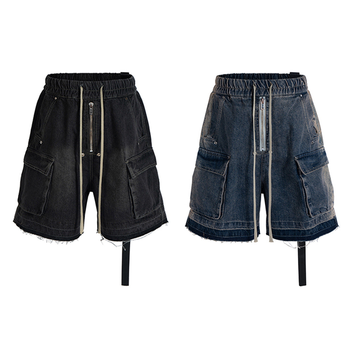 Drawstring Cargo Damage Denim Half Jeans WN25525