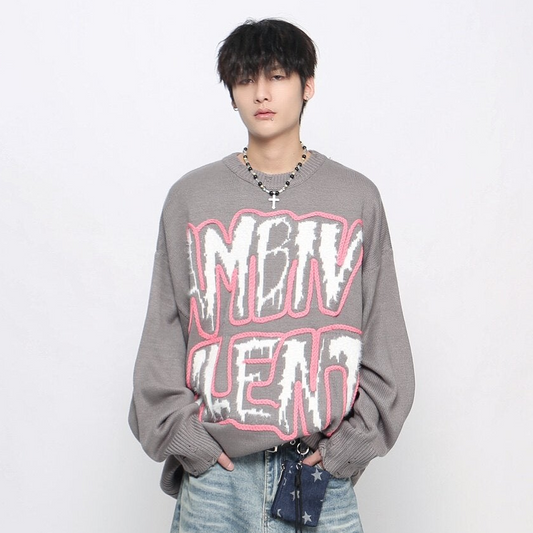 Oversize Damage Letter Graphic Print Knit Sweater WN24446