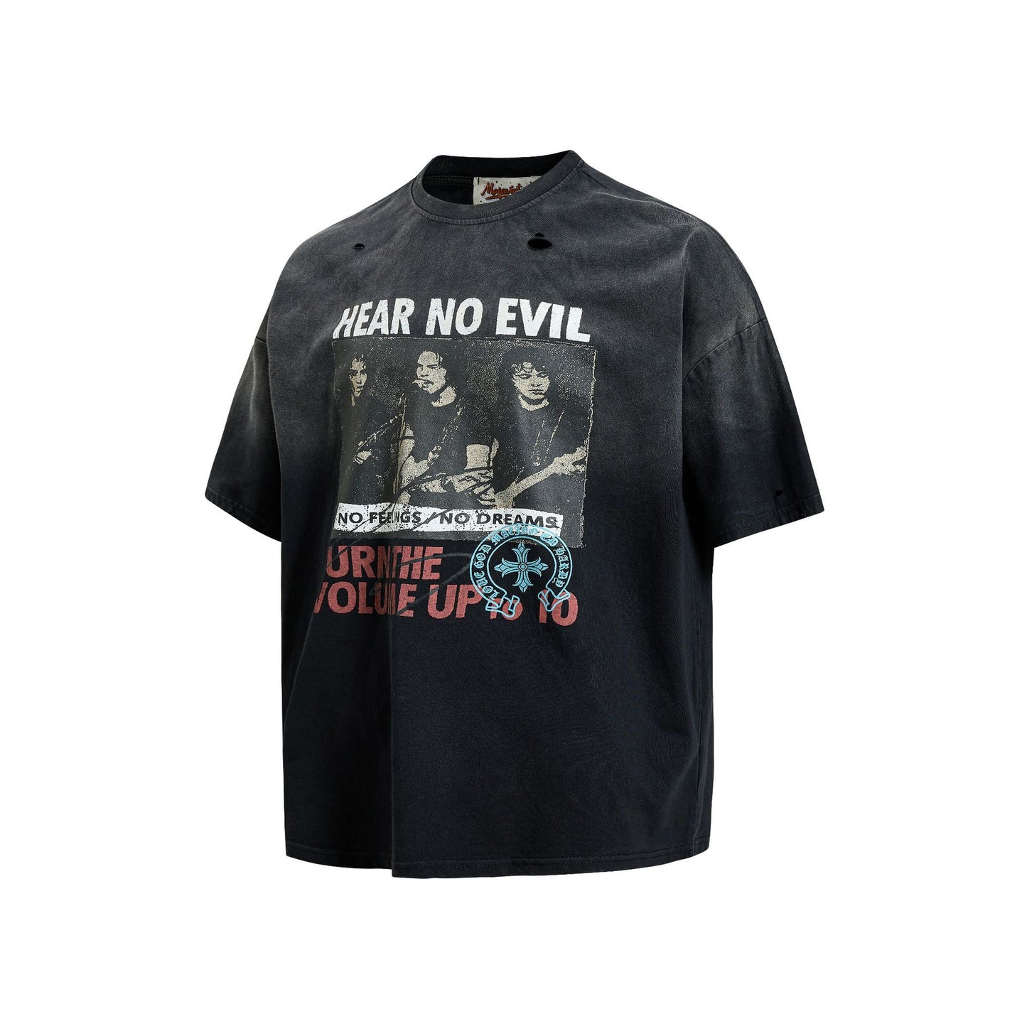 Washed Damage Portrait Print Short Sleeve T-Shirt WN25489