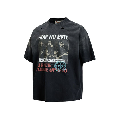 Washed Damage Portrait Print Short Sleeve T-Shirt WN25489