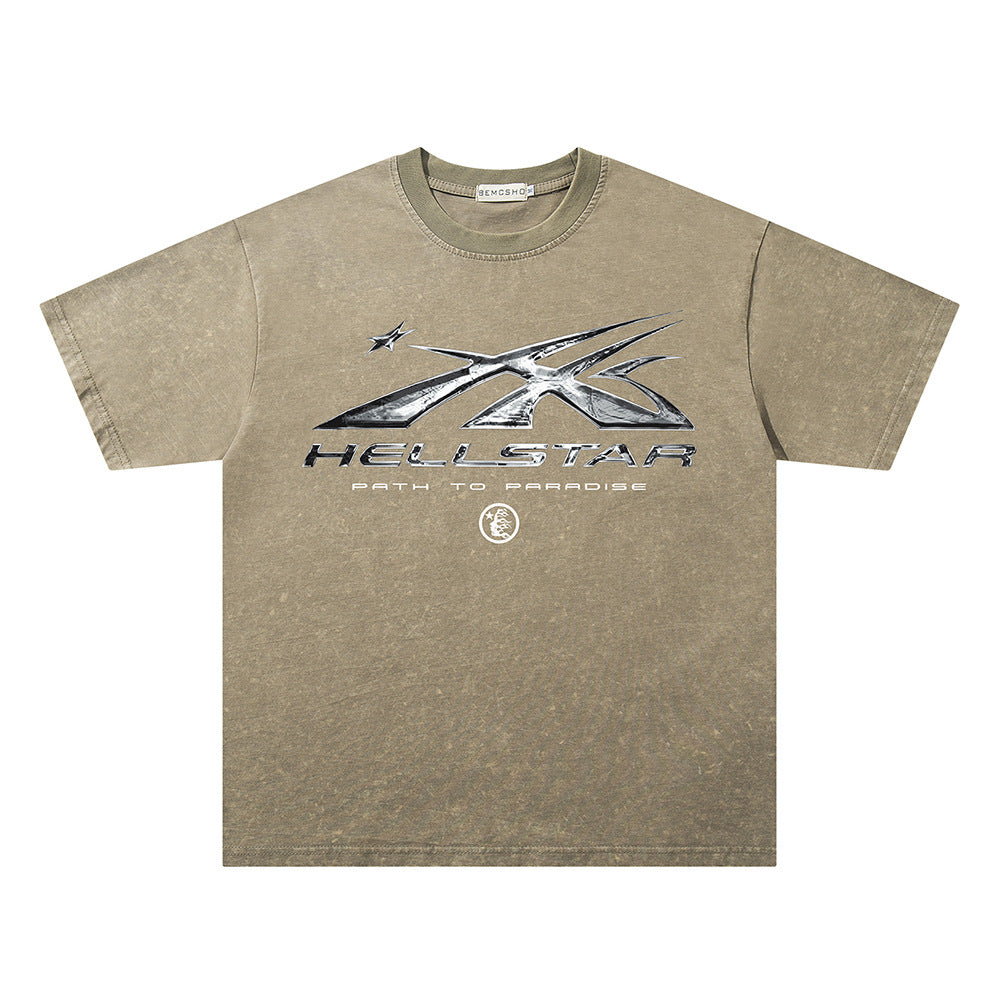Washed Metal Letter Star Print Short Sleeve T-Shirt WN26912