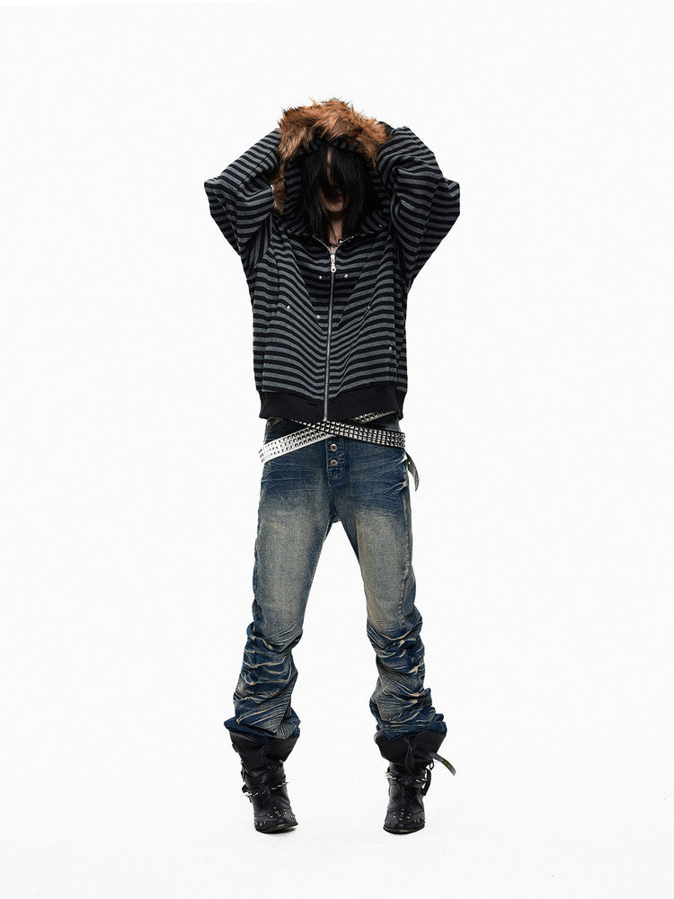 Fur Collar Stripe Oversize Zipper Hoodie WN27336