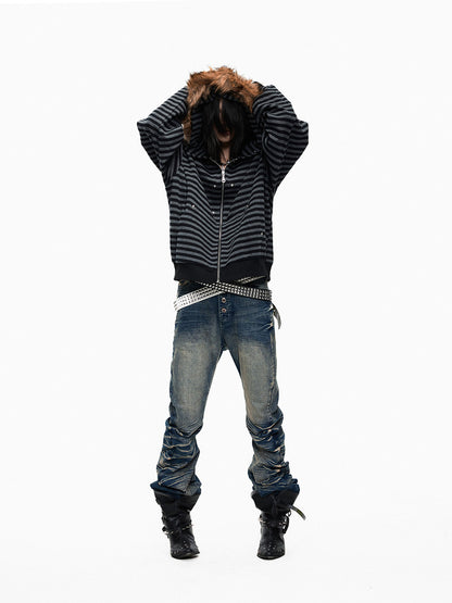 Fur Collar Stripe Oversize Zipper Hoodie WN27336