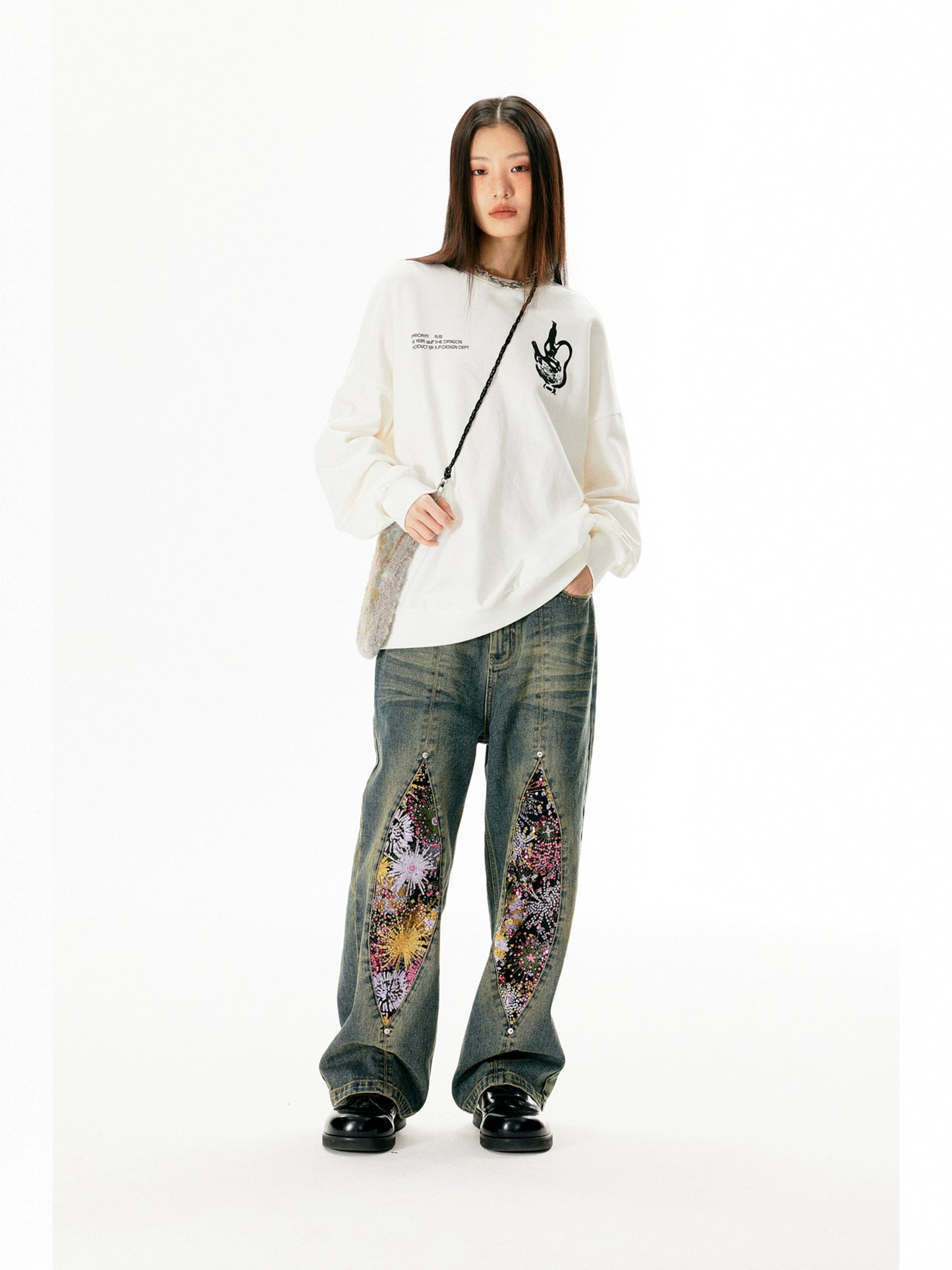 Fireworks Print Washed Denim Jeans WN18972