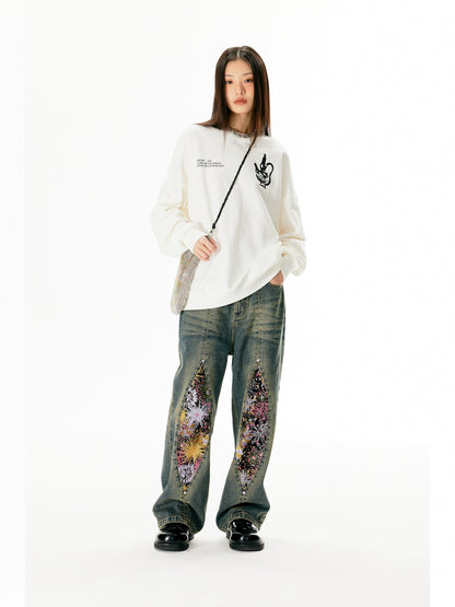 Fireworks Print Washed Denim Jeans WN18972