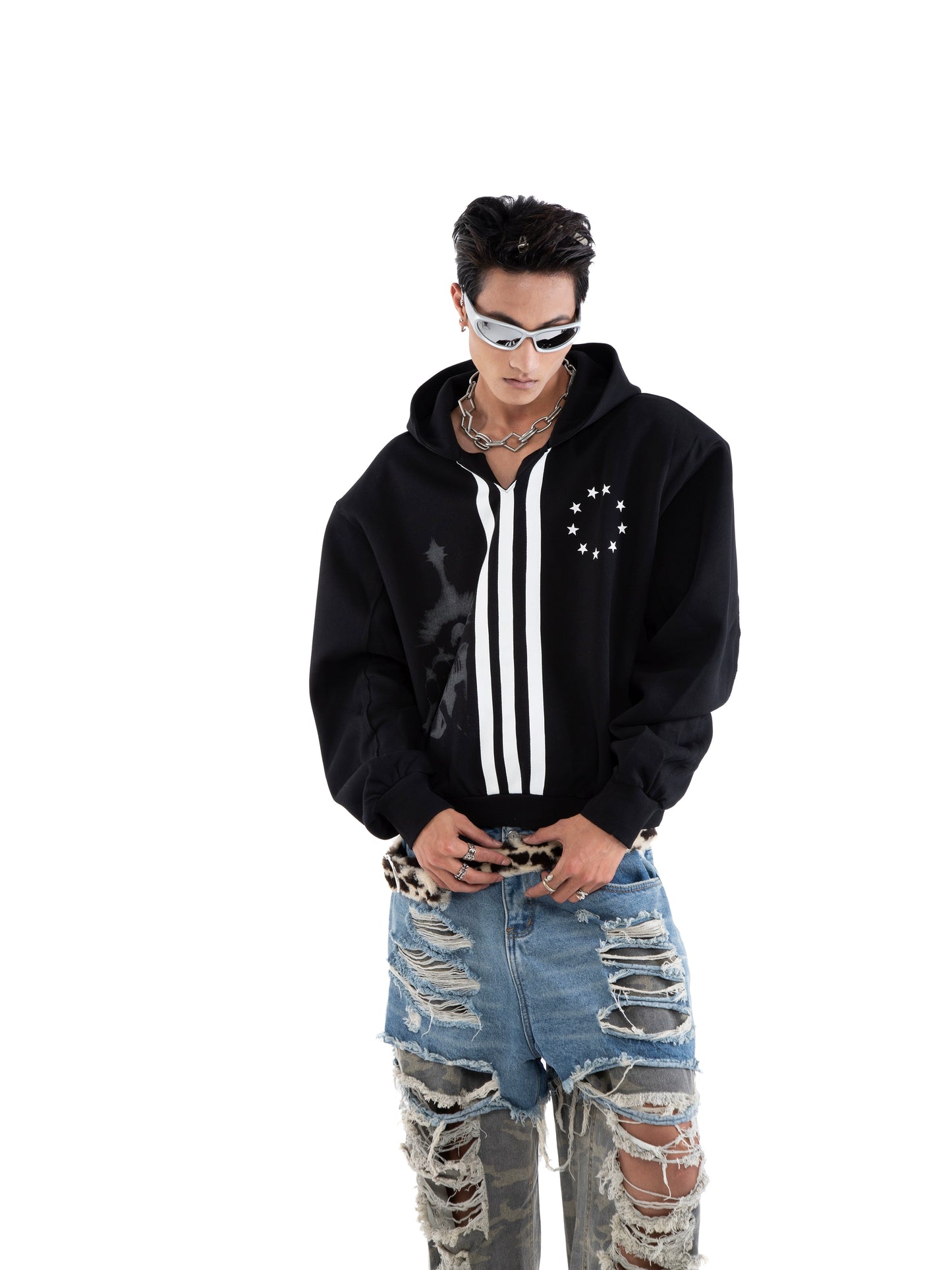 Flag Print V-Neck Oversize Hoodie WN20647