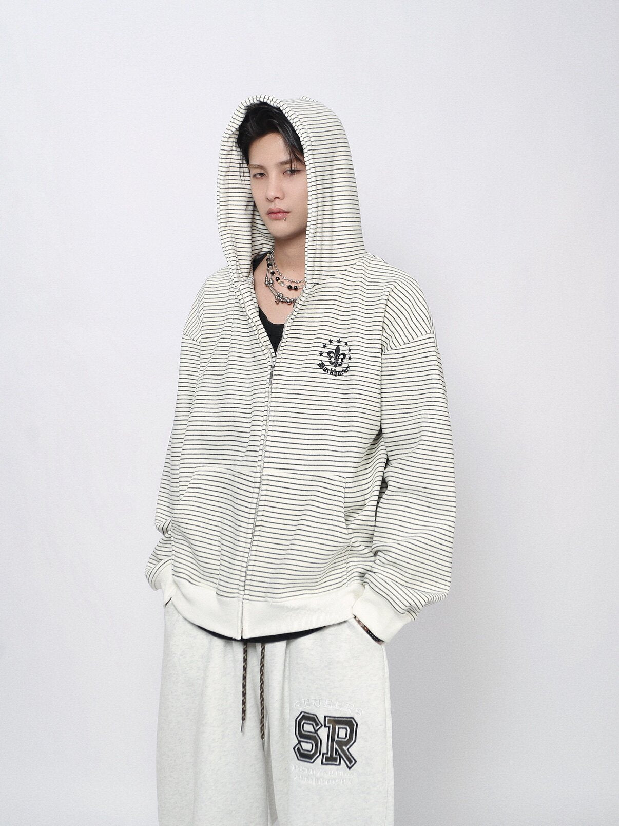 Stripe Embroidery Oversize Zipper Hoodie WN24421