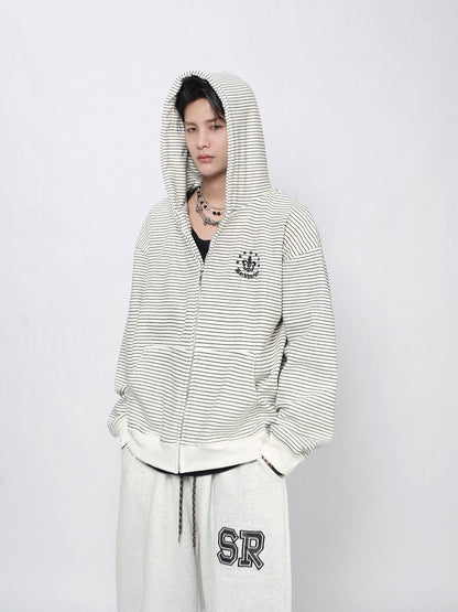 Stripe Embroidery Oversize Zipper Hoodie WN24421
