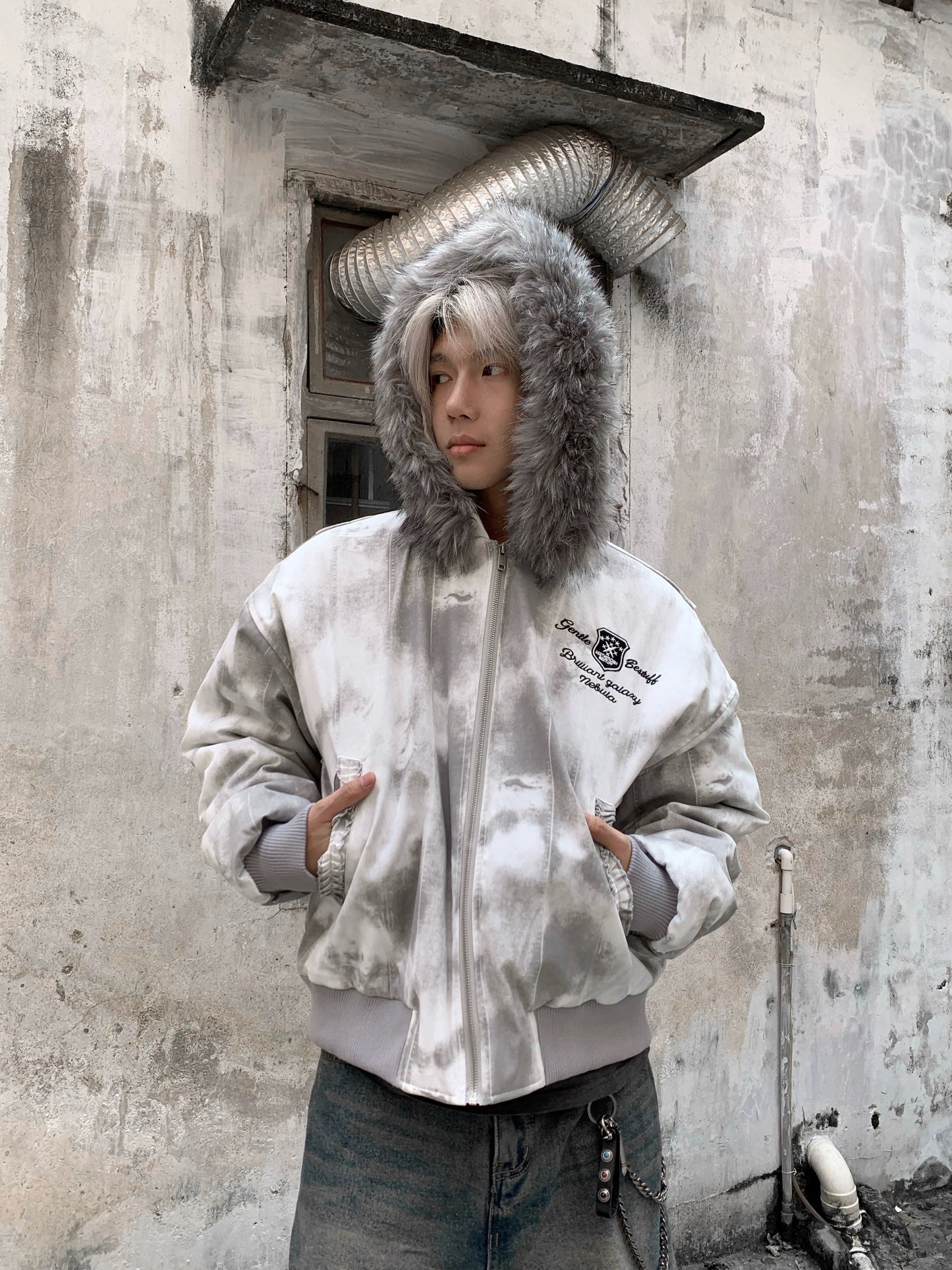 Tie-Dye Fake Fur-Collar Hooded Fleece-Lining Jacket WN22203