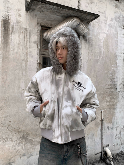 Tie-Dye Fake Fur-Collar Hooded Fleece-Lining Jacket WN22203