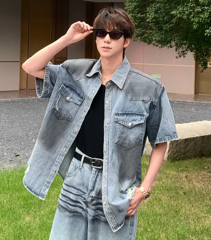 Damage Wash Shoulder-pad Denim Short Sleeve Shirt & Damage Wide Leg Denim Jeans Setup WN25233