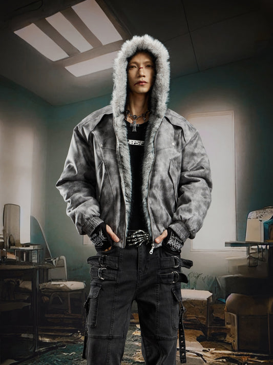 Washed Tie-Dye Suede Studded Fake Fur Hooded Puffer Jacket WN22756