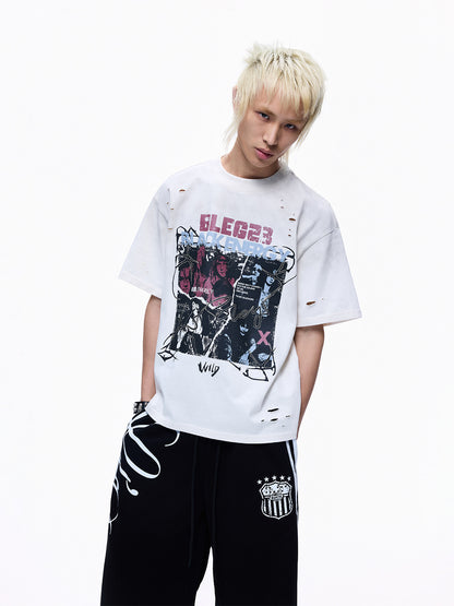 Ripped Wash Band Print Oversize Short Sleeve T-Shirt WN27360