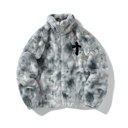 Gradient Tie-Dye Cross Embroidery Fake Rabbit Fur Puffer Jacket WN11005