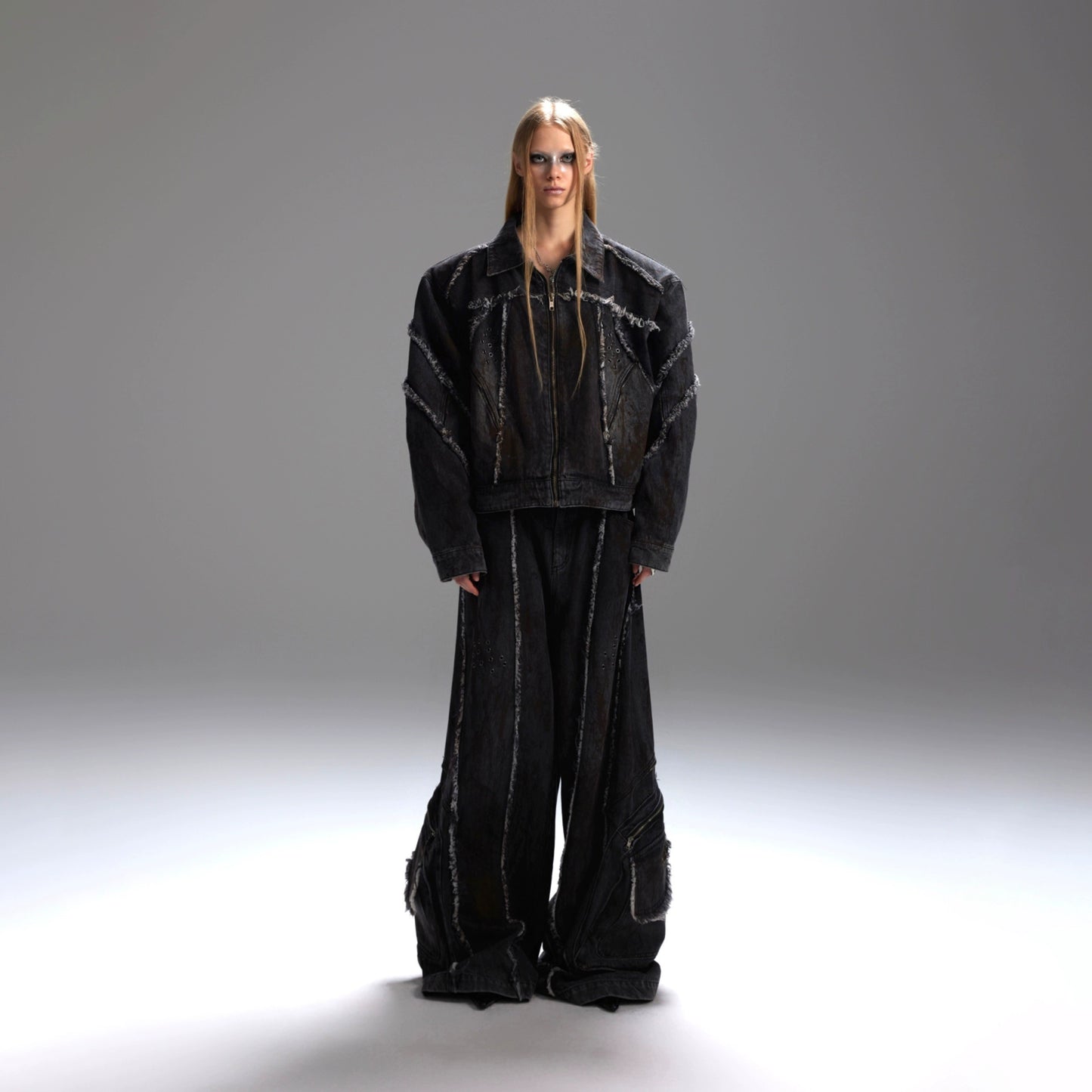 Deconstruction Shoulder-Pad Denim Jacket & Large Pocket Denim Jeans Setup WN21847