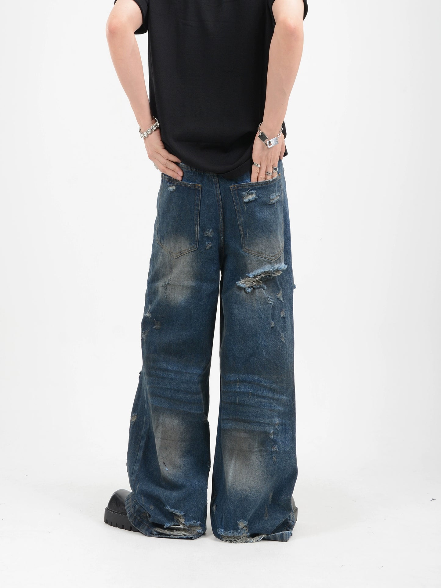 Washed Damage Wide-Leg Straight Denim Jeans WN7116