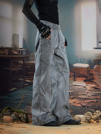 Studs Deconstruction Washed Damage Flare Denim Jeans WN21364