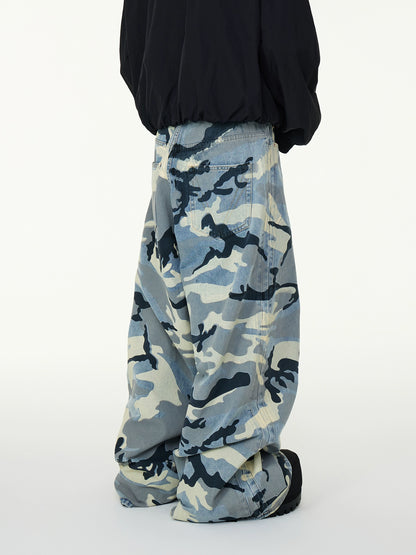 Camouflage Full Print Washed Wide Leg Baggy Dragging Denim Jeans WN16982