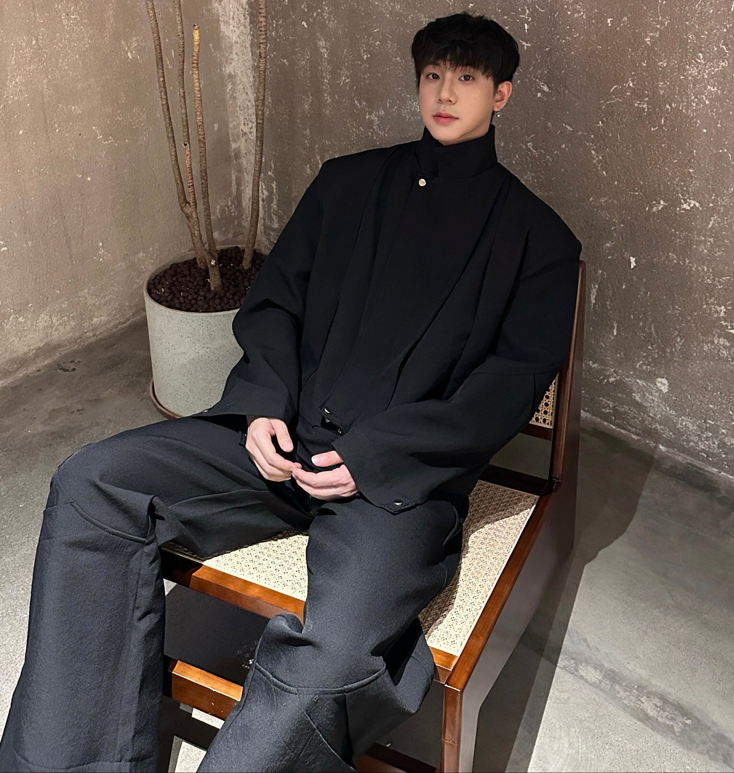 Standing-Collar Short Jacket & Wide Leg Pants Setup WN25286